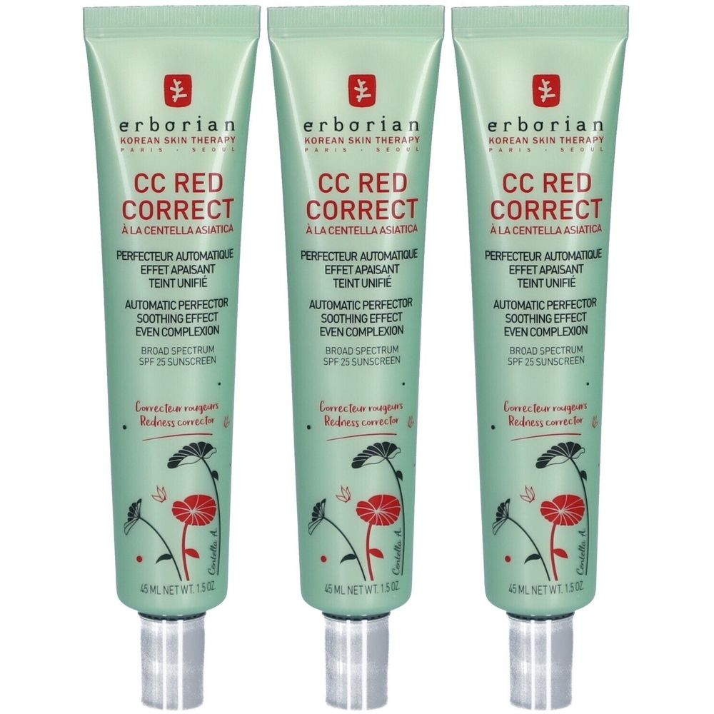 Drei Tuben mit grünem Hintergrund. Auf jeder Tube steht "CC RED CORRECT" und "SPF 25 SUNSCREEN".