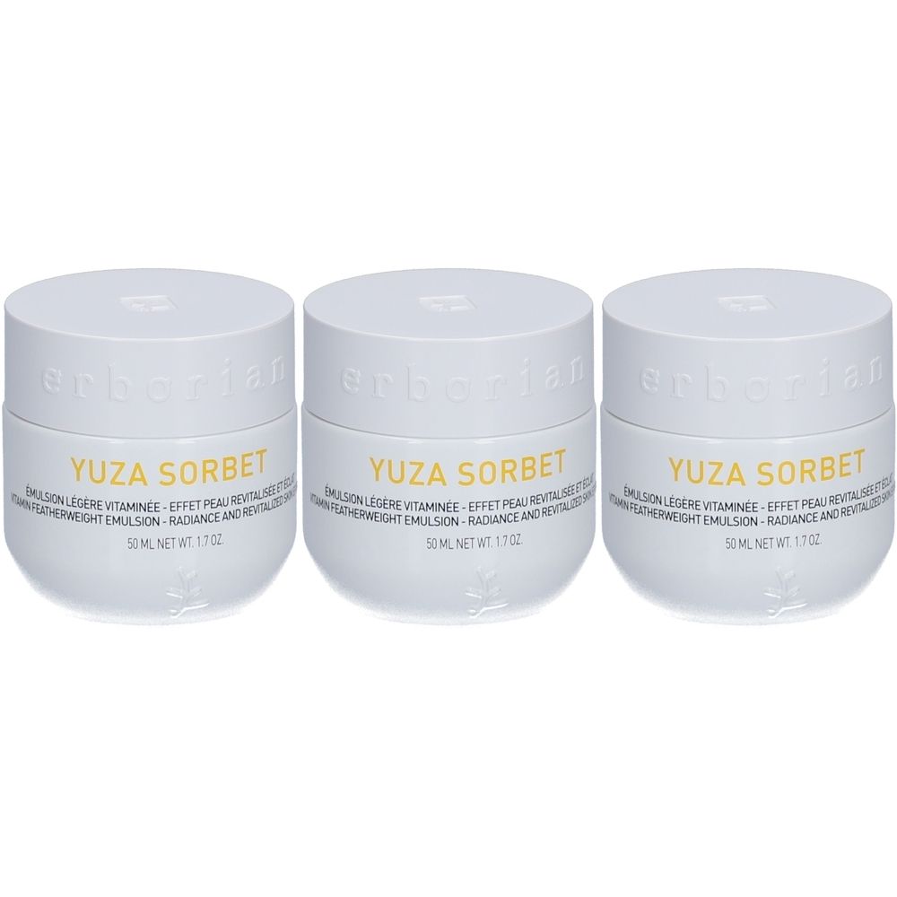 Drei weiße Tiegel mit Deckel. Aufschrift: Yuza Sorbet, Erborian. Text in Gelb und Schwarz. 50 ml Netto-Gewicht.