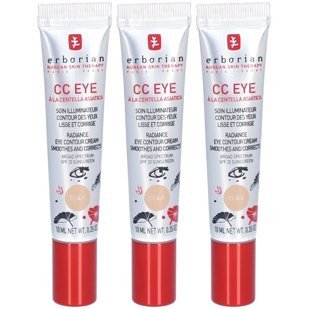 Drei Tuben Erborian CC Eye, Aufschrift CC Eye, Clair. Enthält Sonnenschutzfaktor 20. Rote Kappe, silberne Tube.