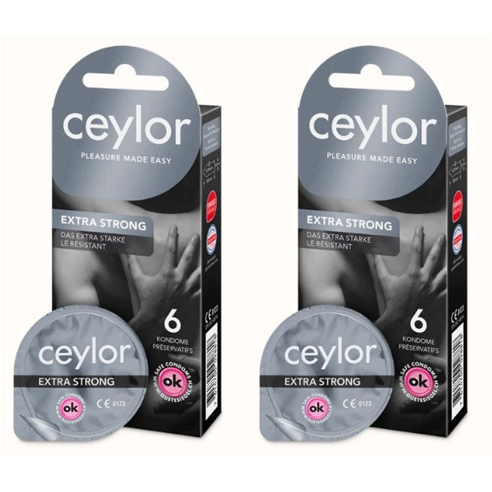Zwei Packungen Ceylor Kondome Extra Strong. Jede Packung enthält 6 Kondome. Aufschrift: Extra Stark, ok-Zeichen.