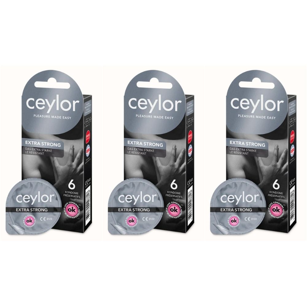 Drei Packungen Kondome. Jede Packung enthält eine Schachtel und eine runde Verpackung. Auf der Schachtel steht "ceylor EXTRA STRONG".