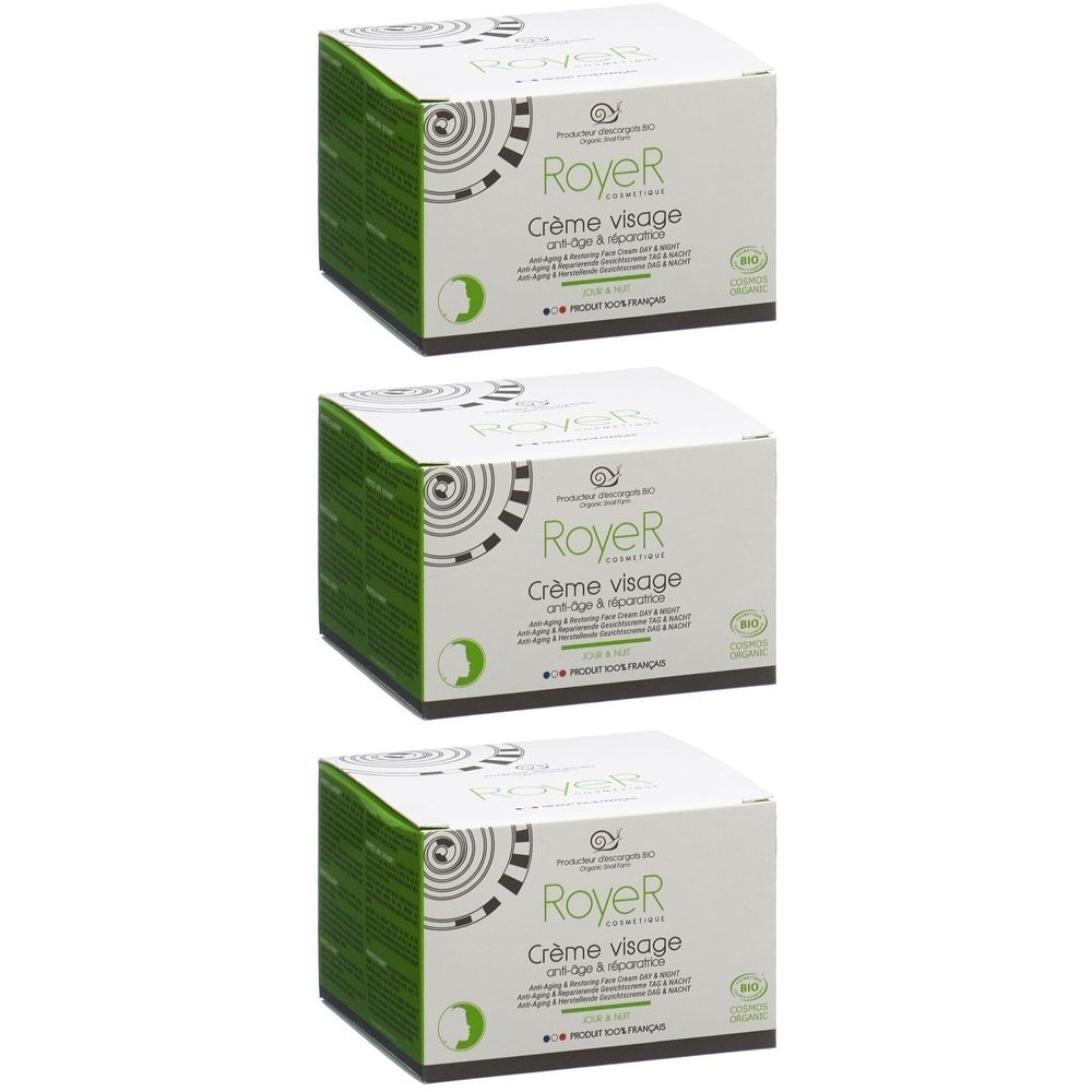 Trois boîtes carrées de crème anti-rides. Blanches avec côtés verts. Inscription: Royer Crème visage, Anti-âge & réparatrice.