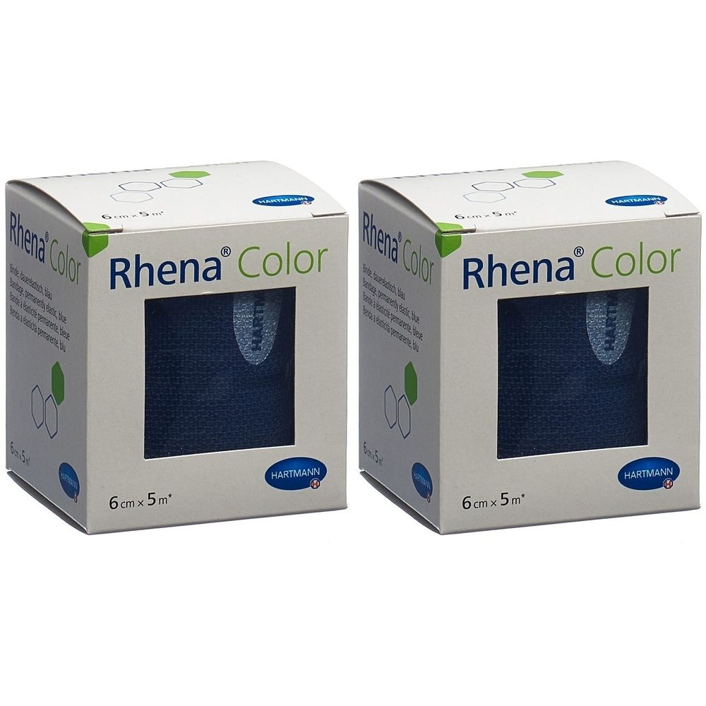 Deux boîtes de bandage Rhena Color bleu. Inscription : 6 cm x 5 m. Marque : HARTMANN.