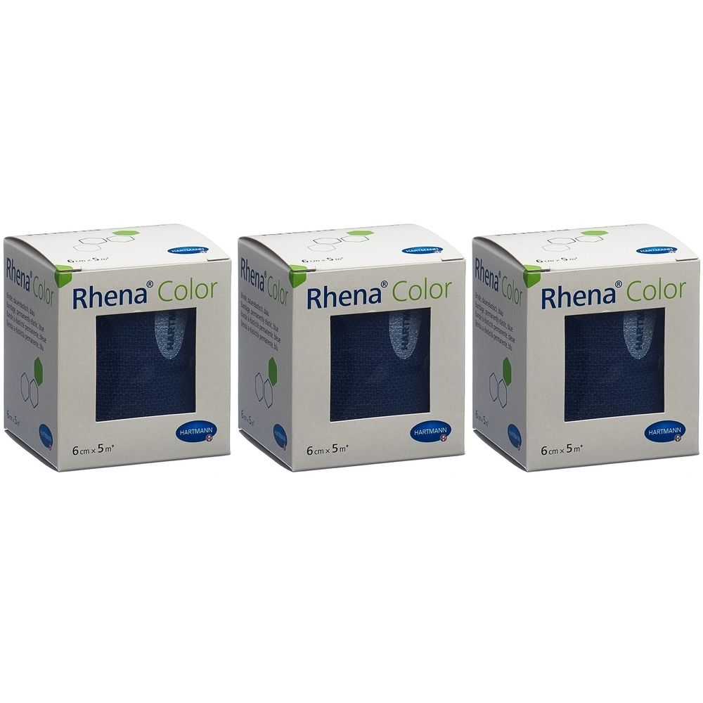 Trois boîtes de bandages Rhena® Color bleus. Chaque boîte montre un bandage bleu à travers une fenêtre. Inscriptions : Rhena® Color, 6 cm x 5 m.