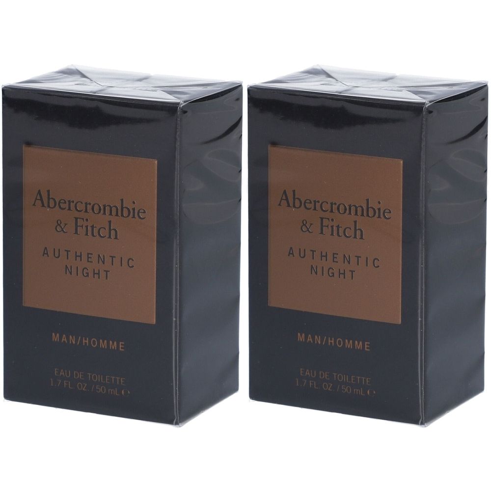 Deux boîtes rectangulaires. Sur le devant, "Abercrombie & Fitch AUTHENTIC NIGHT". En dessous, "MAN/HOMME" et "EAU DE TOILETTE".