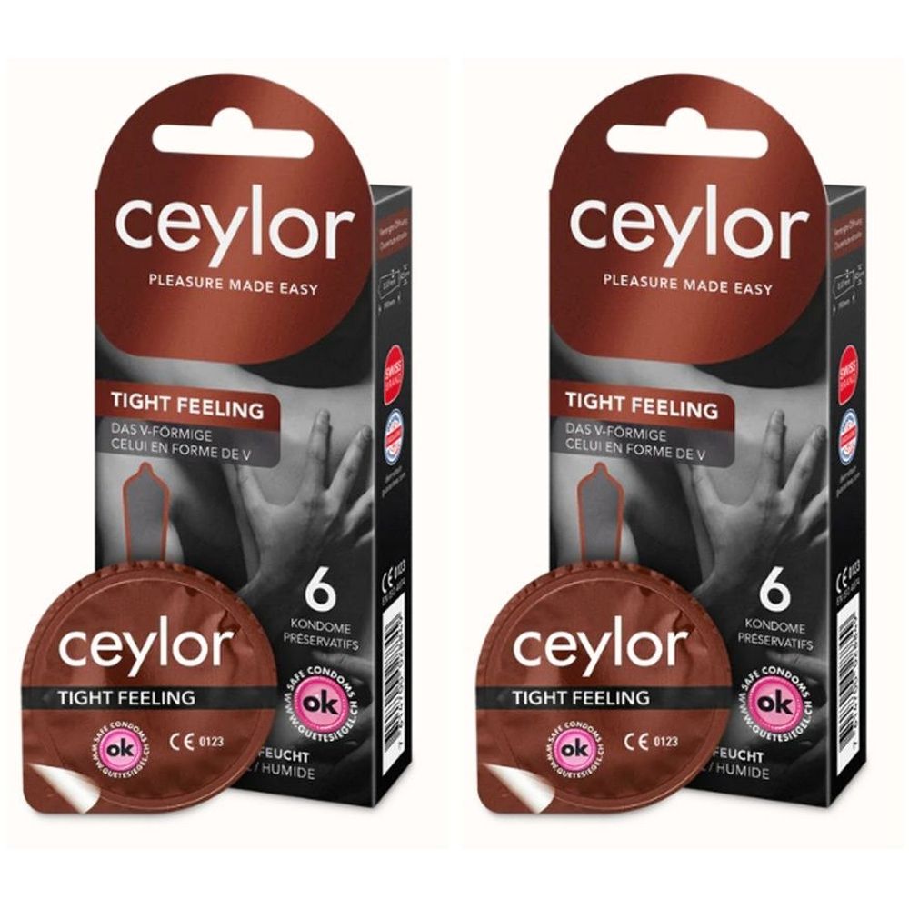 Deux boîtes de préservatifs ceylor Tight Feeling. Chaque boîte contient 6 préservatifs. Marque CE 0123.