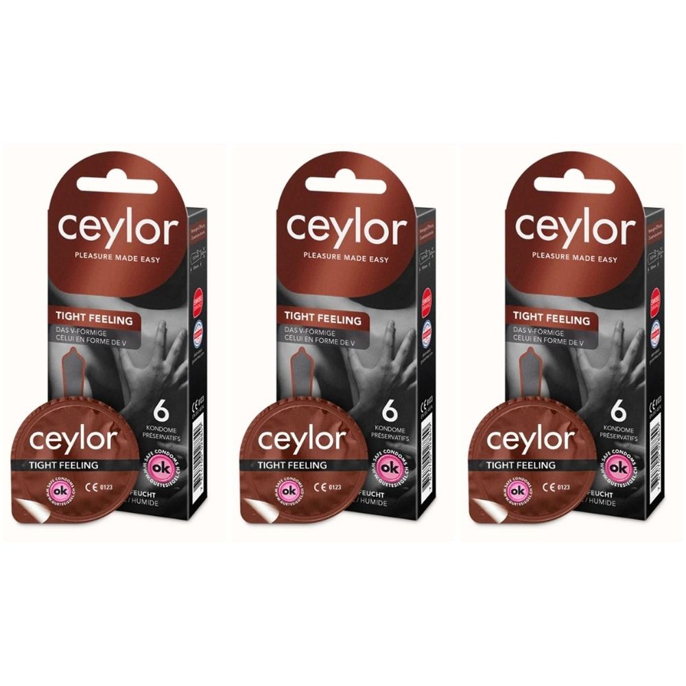 Trois boîtes de préservatifs Ceylor. Chaque boîte affiche "Tight Feeling" et le nombre 6. Marque CE visible.
