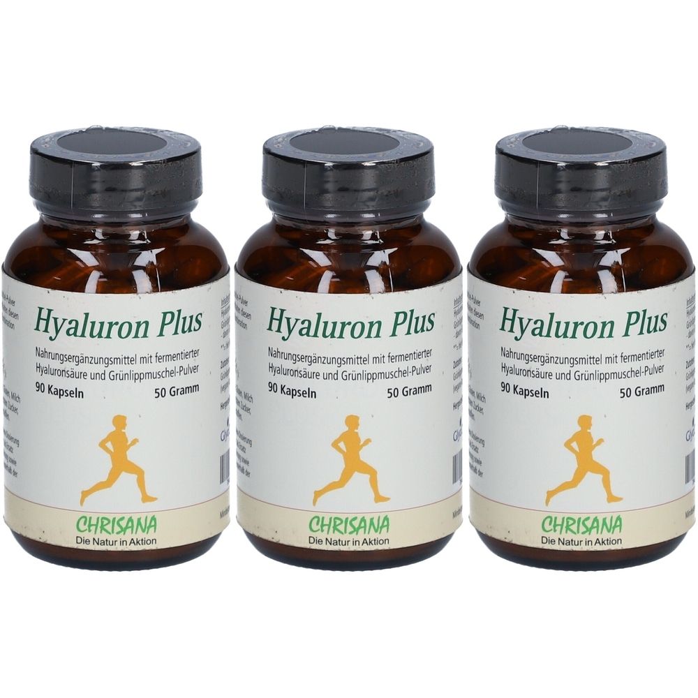 Trois flacons en verre brun avec des couvercles noirs. Les étiquettes indiquent "Hyaluron Plus" et "CHRISANA". En dessous, un symbole de coureur stylisé.