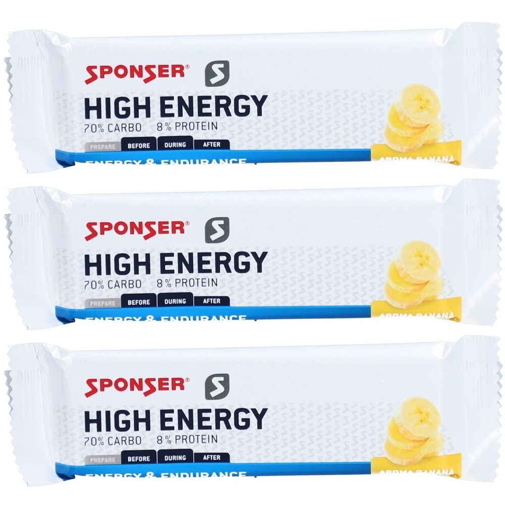 Drei SPONSER High Energy Riegel. Weiße Verpackung mit roter und schwarzer Schrift. Aufschrift: High Energy, 70% Carbo, 8% Protein. Bananenscheiben abgebildet.