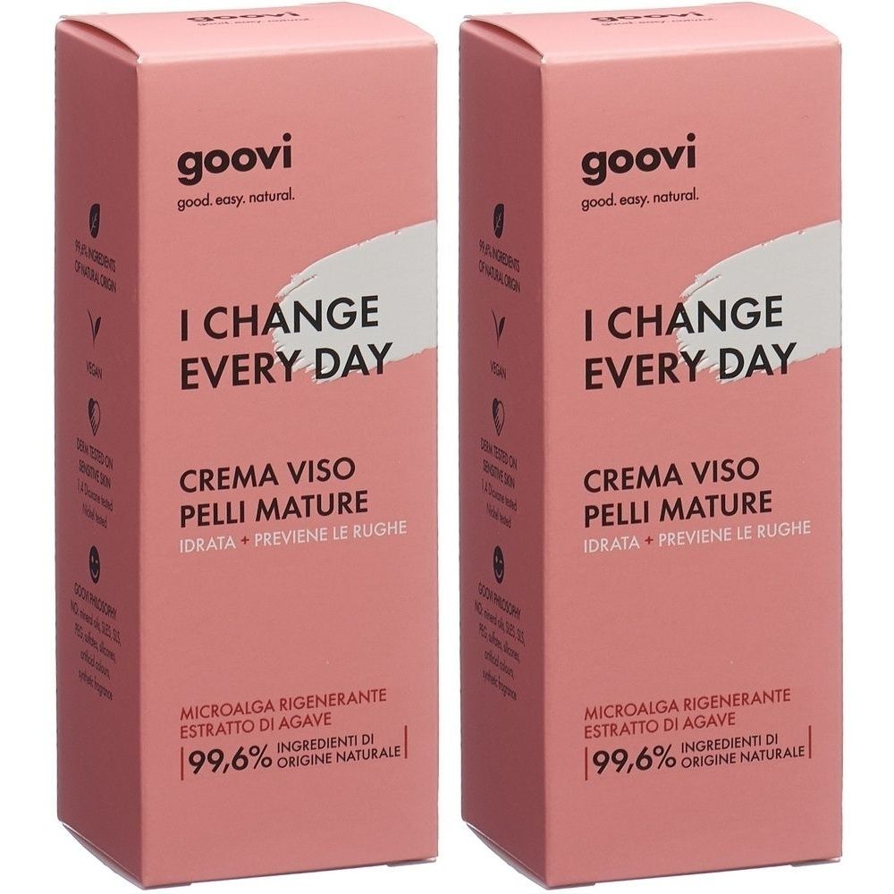 Deux boîtes roses GOOVI I CHANGE EVERY DAY. Texte: CREMA VISO PELLI MATURE. Ingrédients d'origine naturelle à 99,6%.