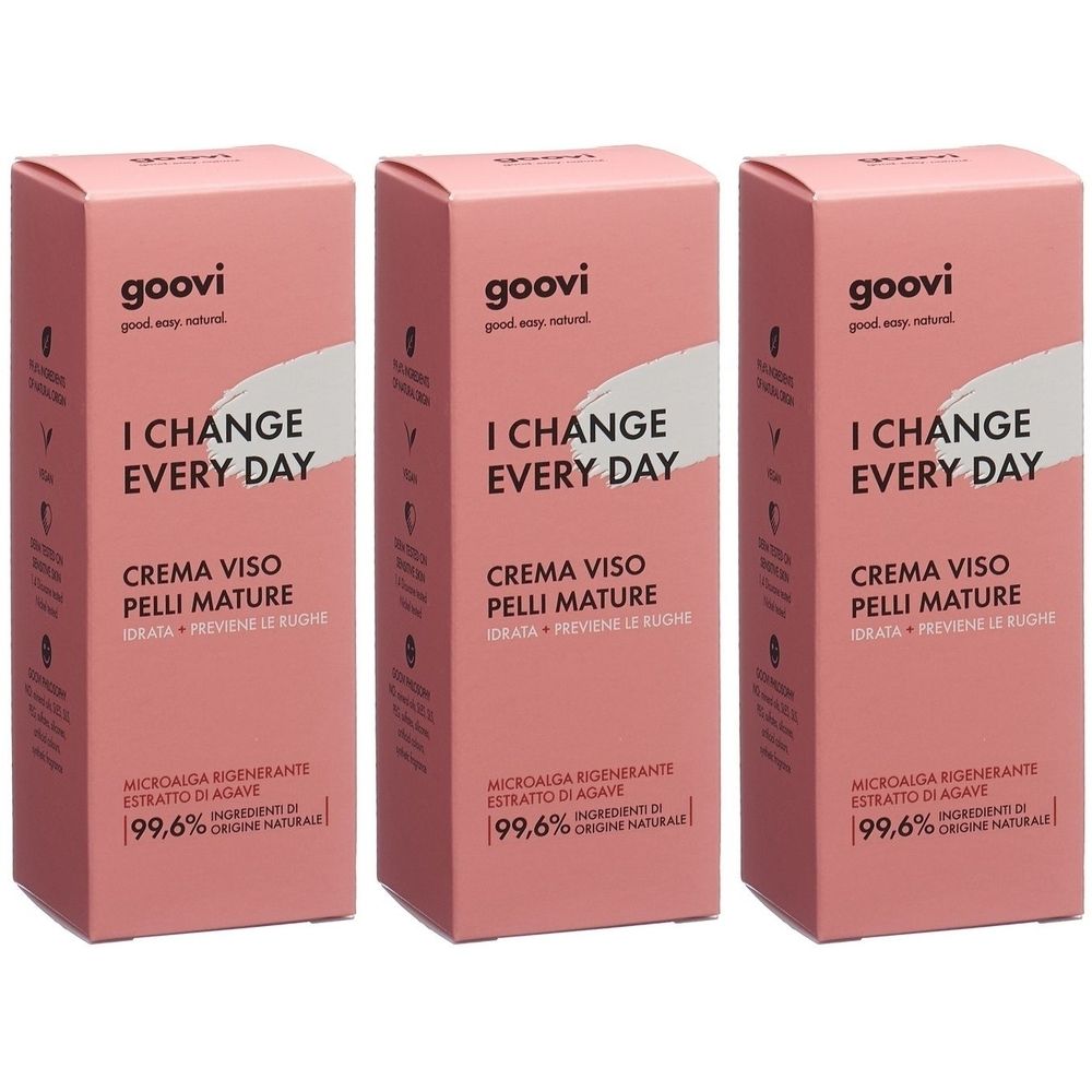 Trois boîtes roses avec "I CHANGE EVERY DAY". Texte : "CREMA VISO PELLI MATURE". Logo "goovi". Contient 99,6% d'ingrédients d'origine naturelle.