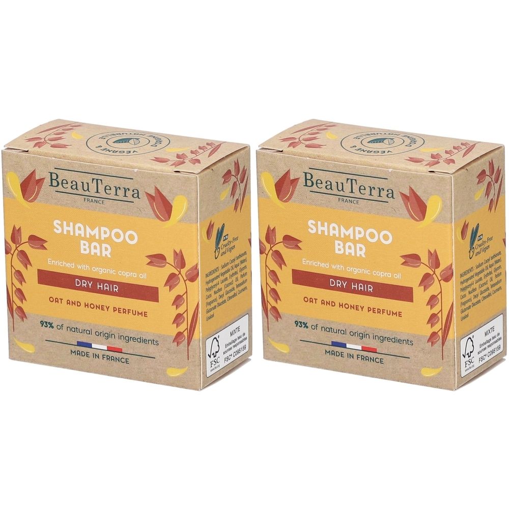 Deux boîtes rectangulaires avec l'inscription Shampoo Bar. Inscription: BeauTerra, pour cheveux secs, parfum avoine et miel. Fabriqué en France.