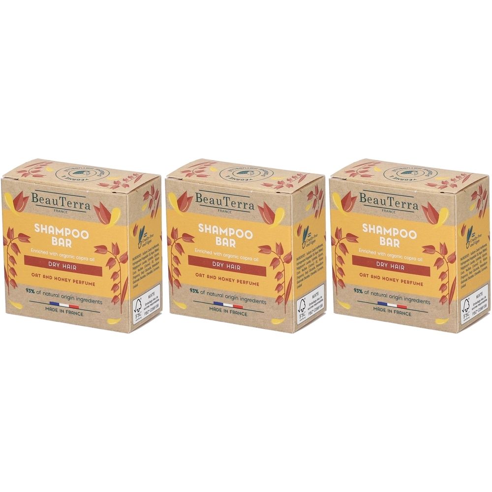 Trois boîtes rectangulaires. Inscription: BeauTerra Shampoo Bar, cheveux secs, 97% ingrédients d'origine naturelle. Fabriqué en France.