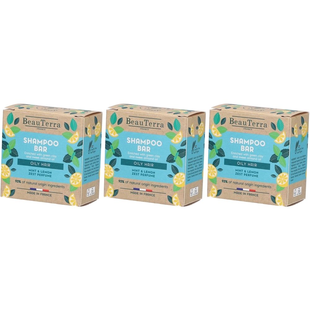 Trois boîtes rectangulaires. Inscription: Shampoo Bar, Oily Hair, Mint & Lemon. Marque: BeauTerra. Fabriqué en France. 95% ingrédients naturels.