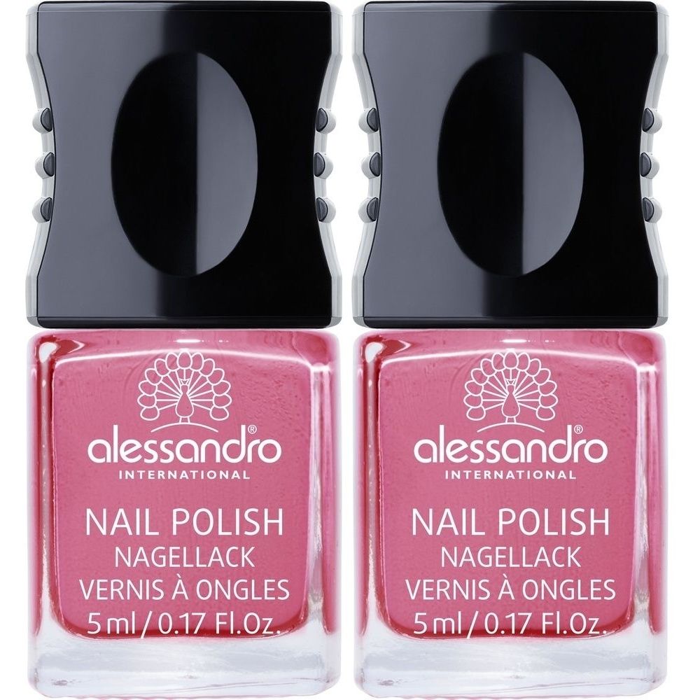 Zwei Flakons Nagellack, rosa Farbe. Schwarzer Deckel. Aufschrift: alessandro, Nail Polish, 5ml.