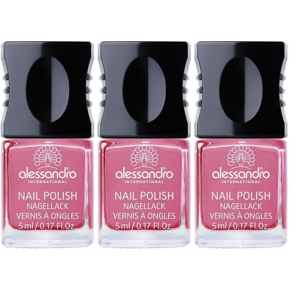 Drei Flakons Nagellack, rosa Farbe. Schwarzer Deckel. Aufschrift: alessandro, Nail Polish, 5ml/0.17 Fl.Oz.