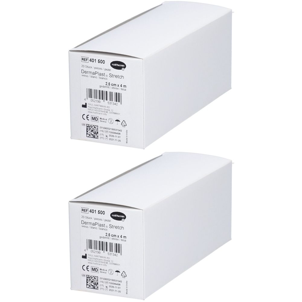 Deux boîtes blanches avec informations produit. Inscription: DermaPlast Stretch, 2.5cm x 4m. Marquage CE.