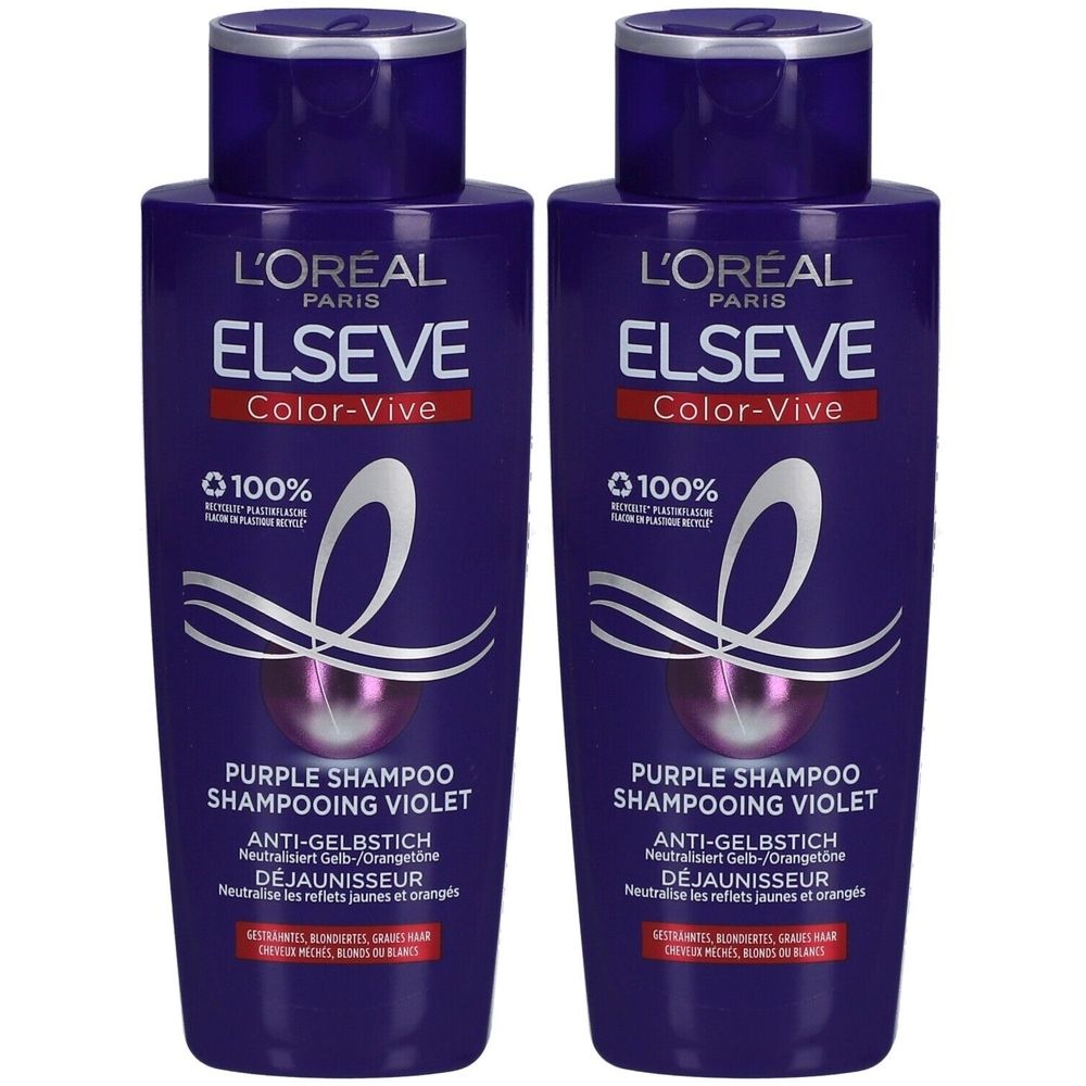 Deux flacons de shampooing L'Oréal Paris Elseve Color-Vive Purple. Flacons violets avec texte blanc. Contient 100% de matériaux recyclés.