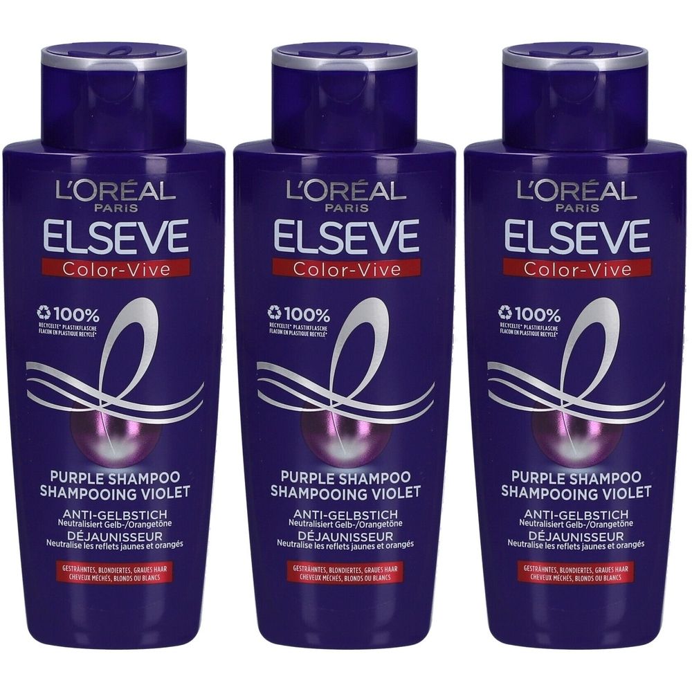 Trois flacons de shampooing violet L'Oréal Paris Elseve Color-Vive. Flacons violets avec bouchons argentés. Texte: Purple Shampoo, Anti-jaunissement.