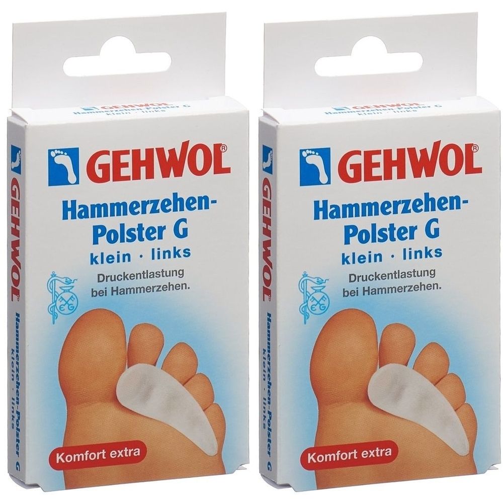 Zwei Packungen GEHWOL Hammerzehen-Polster G. Aufdruck: klein, links. Abbildung eines Fußes mit Polster. Text: Komfort extra.