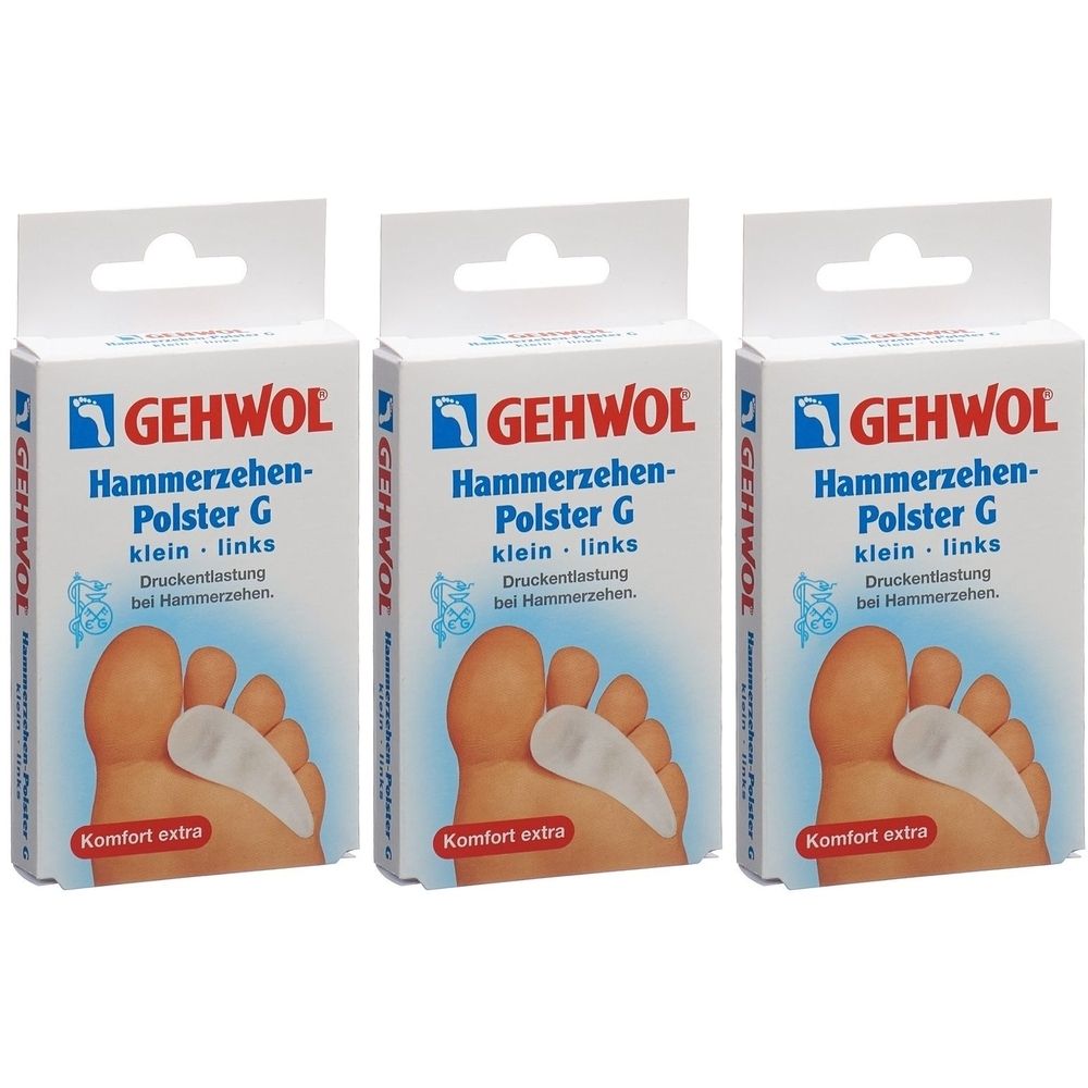 Drei Packungen GEHWOL Hammerzehen-Polster G. Weiße Verpackung mit Produktabbildung und Text. Aufschrift: Druckentlastung bei Hammerzehen.