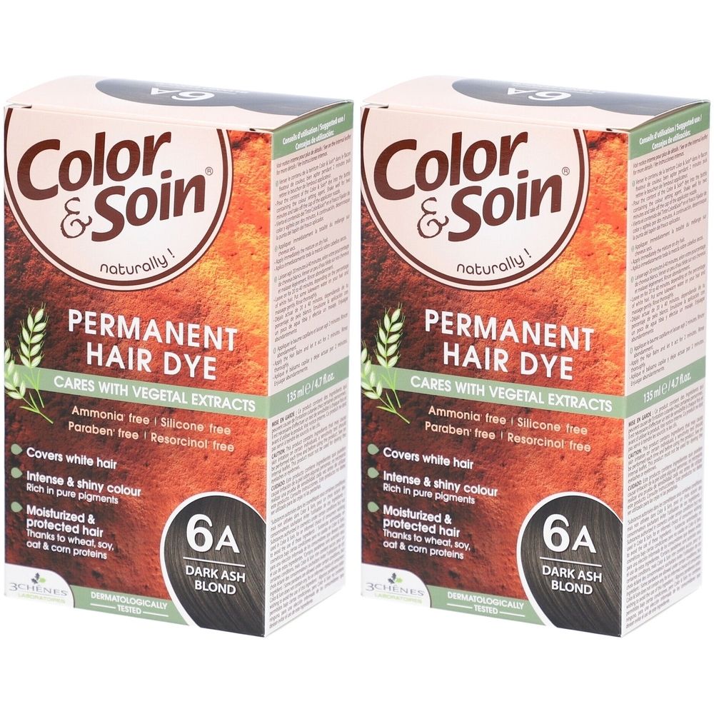 Zwei Kartons Haarfarbe. Aufschrift: Color & Soin, Permanent Hair Dye, 6A Dark Ash Blond. Dermatologisch getestet.
