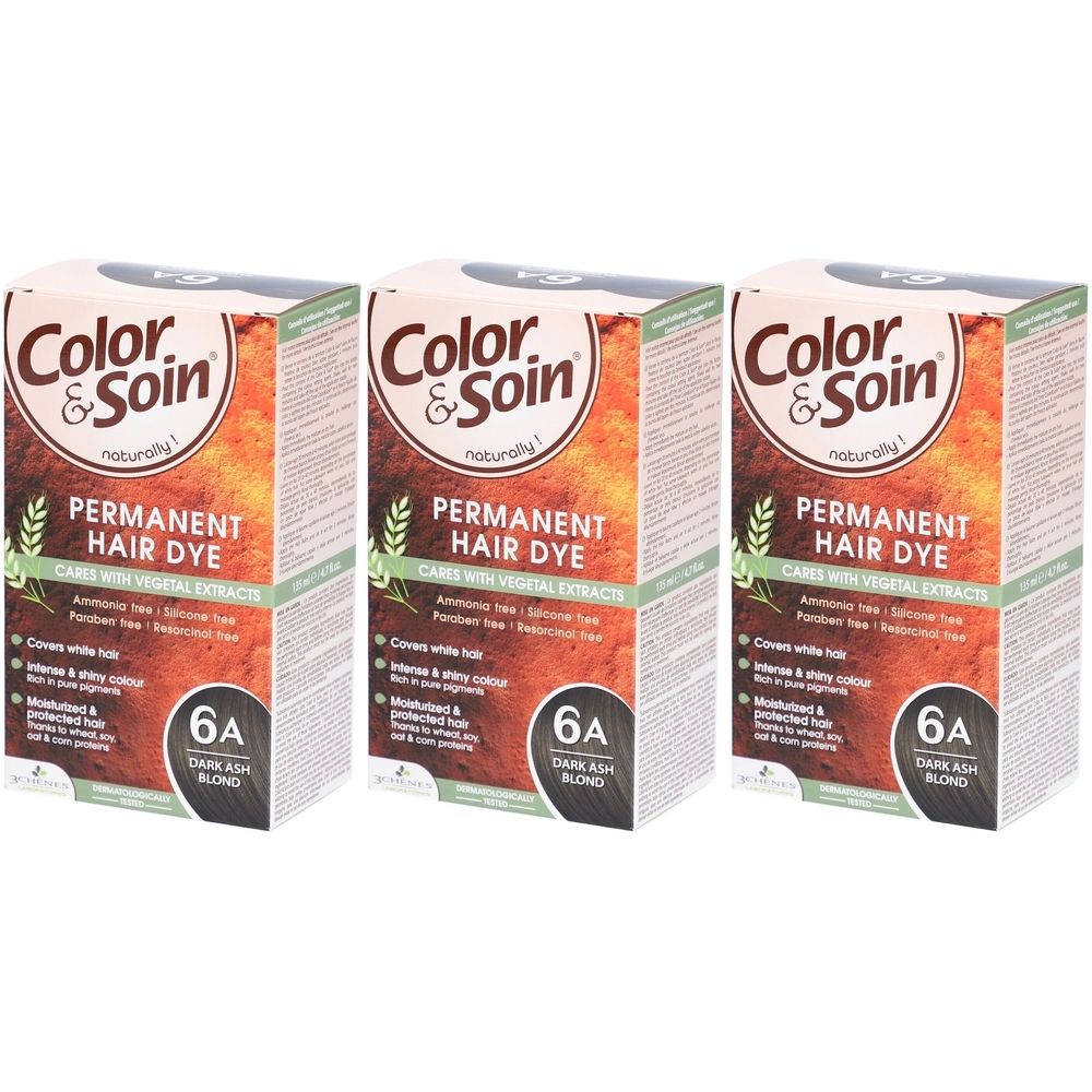 Drei Schachteln Color & Soin Permanent Hair Dye. Aufschrift: 6A Dark Ash Blond. Enthält pflanzliche Extrakte. Deckt graue Haare ab.