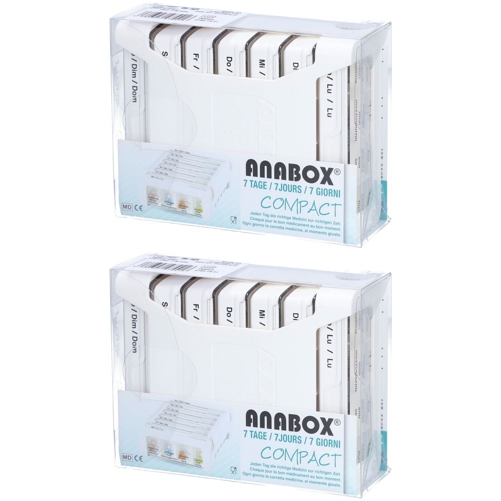 Deux piluliers ANABOX Compact 7 jours avec compartiments journaliers pour matin, soir et nuit.