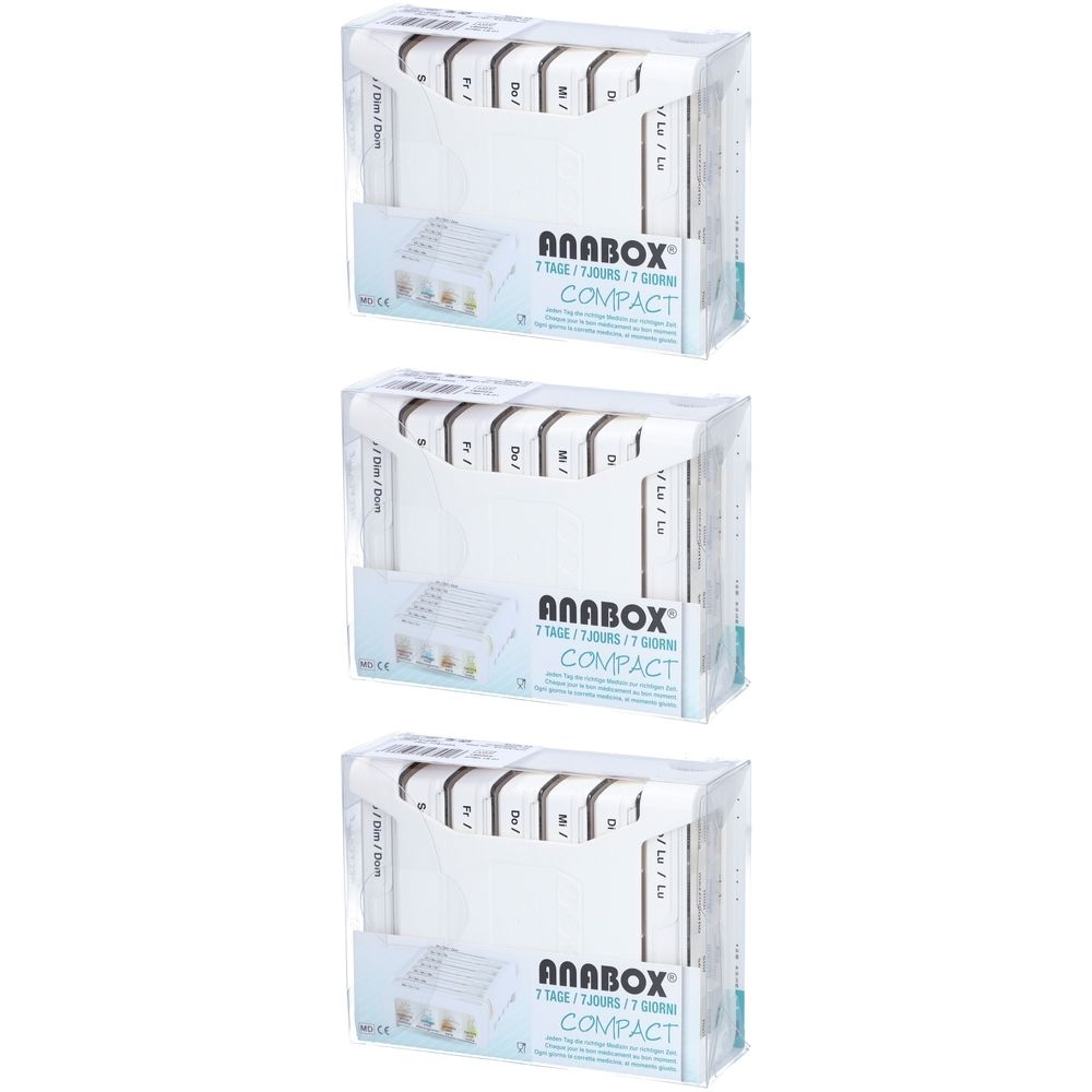 Boîte à pilules ANABOX Compact 7 jours avec compartiments jour/nuit. Boîte en plastique transparente avec 7 compartiments.