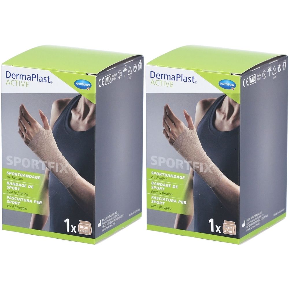 Zwei Kartons DERMAPLAST Active Sportbandage. Aufdruck: SPORTFIX, 1x, 10 cm x 5 m. Grün-weiße Verpackung mit Abbildung eines Arms mit Bandage.