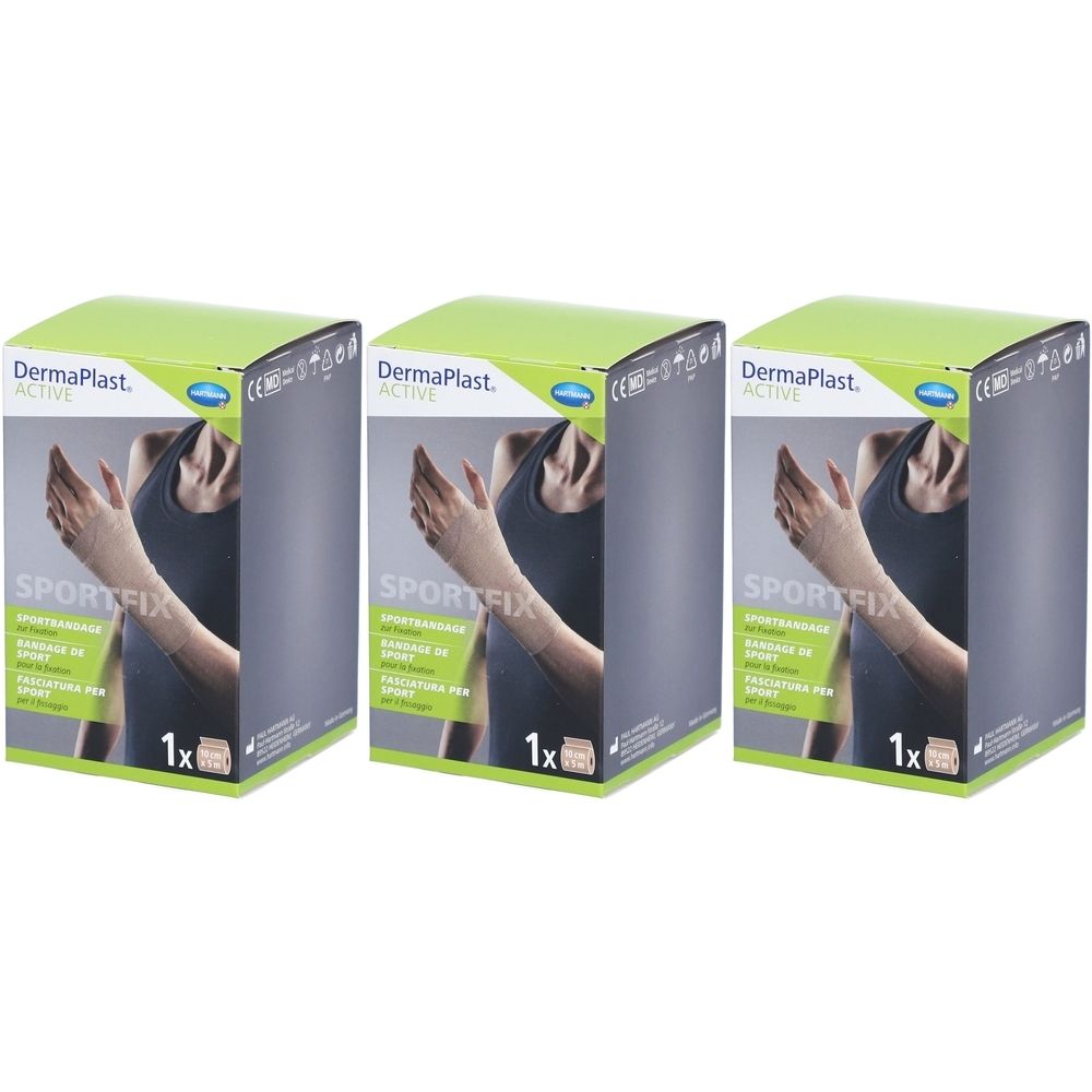 Trois paquets de bandages HARTMANN Dermaplast Active Sportfix. Couleur beige, 10 cm x 5 m.