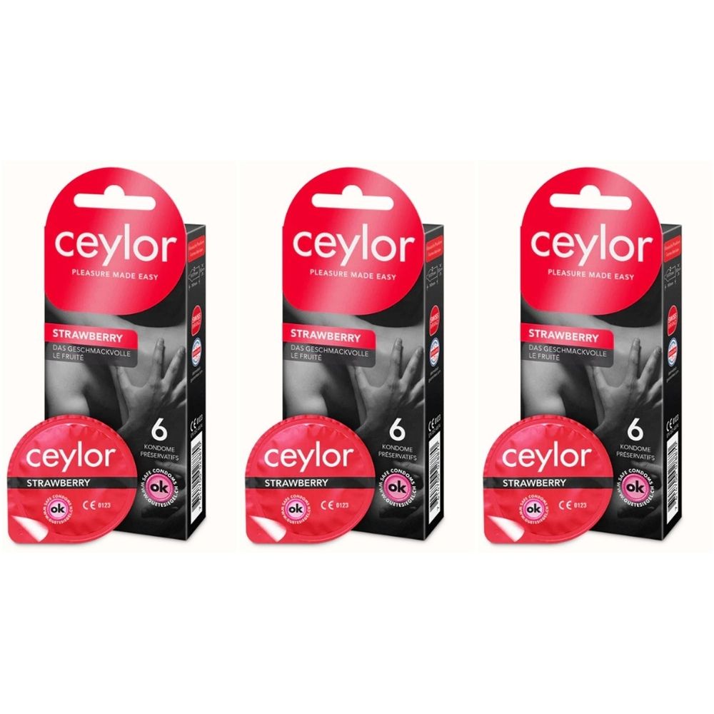 Drei Packungen Kondome. Jede Packung zeigt den Markennamen Ceylor, den Geschmack Erdbeere und die Anzahl 6. Einzelne Kondome sind ebenfalls sichtbar.