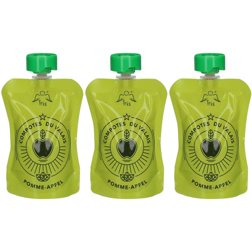Drei grüne Quetschbeutel mit grünem Deckel. Aufdruck: Iris, Apfel-Logo, COMPOTES DU VALAIS, POMME-APFEL.