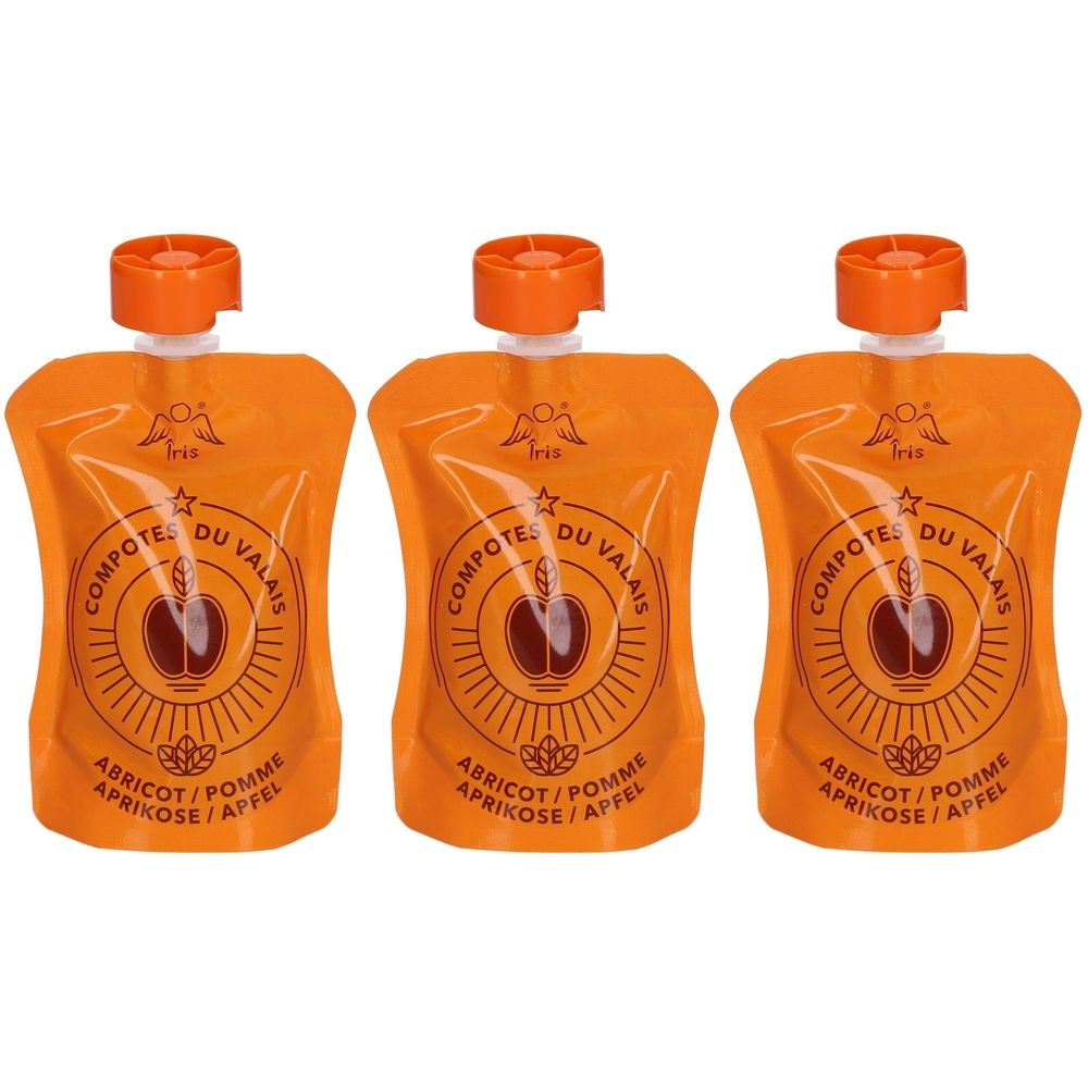 Drei orangefarbene Quetschbeutel mit Aprikosen-Apfelkompott. Oben orangefarbener Verschluss. Aufdruck: Iris, Aprikose/Apfel, Compotes du Valais.