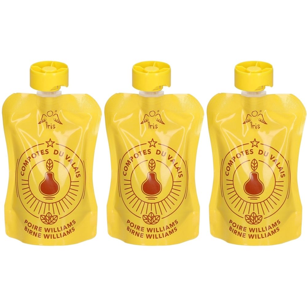 Drei gelbe Quetschbeutel mit gelbem Verschluss. Aufdruck: Iris, Kompotes du Valais, Birne Williams. Runde Etiketten mit Birnen-Illustration.