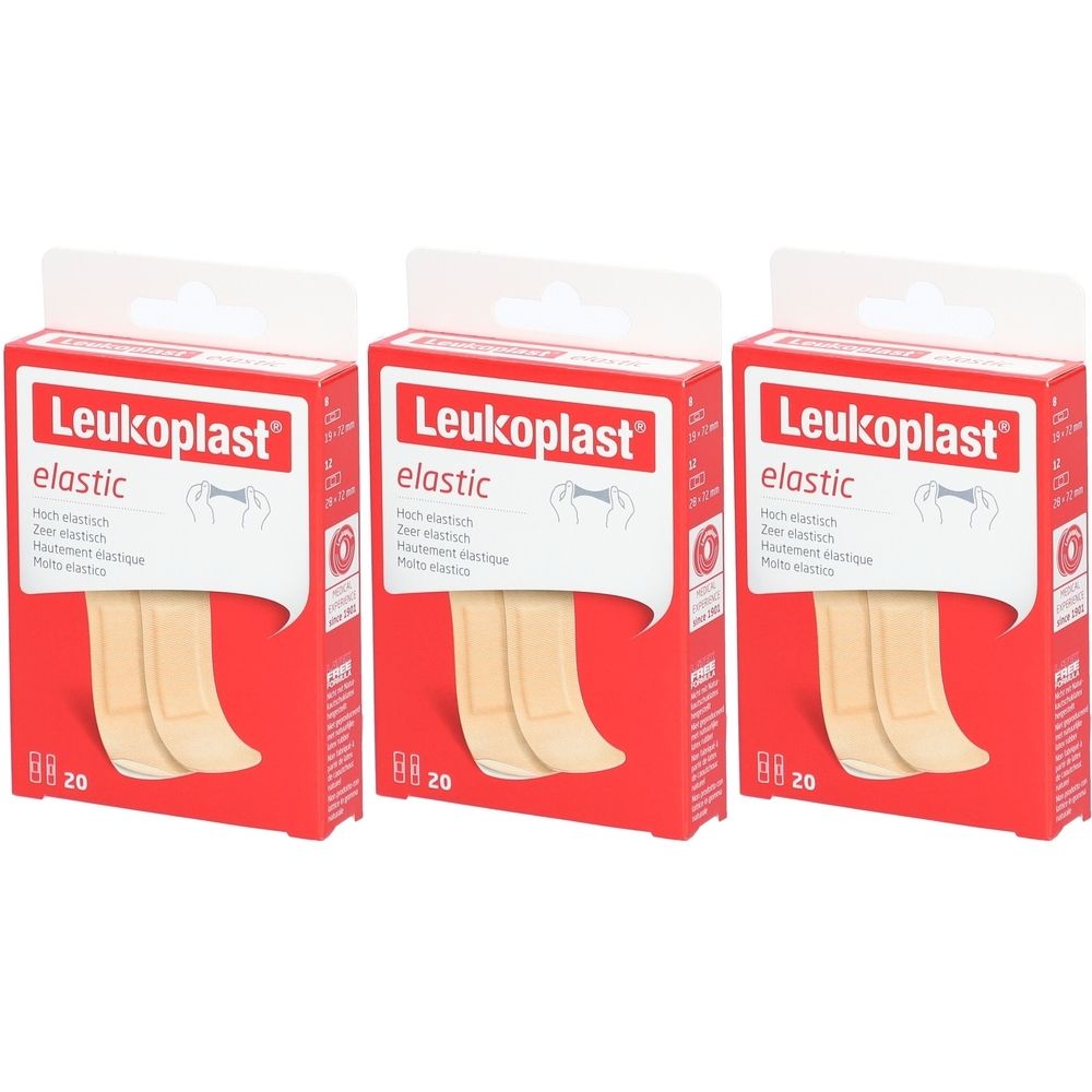 Drei Packungen LEUKOPLAST elastic Pflaster. Rote Verpackung mit Produktname und Abbildung. Jede Packung enthält 20 Pflaster.