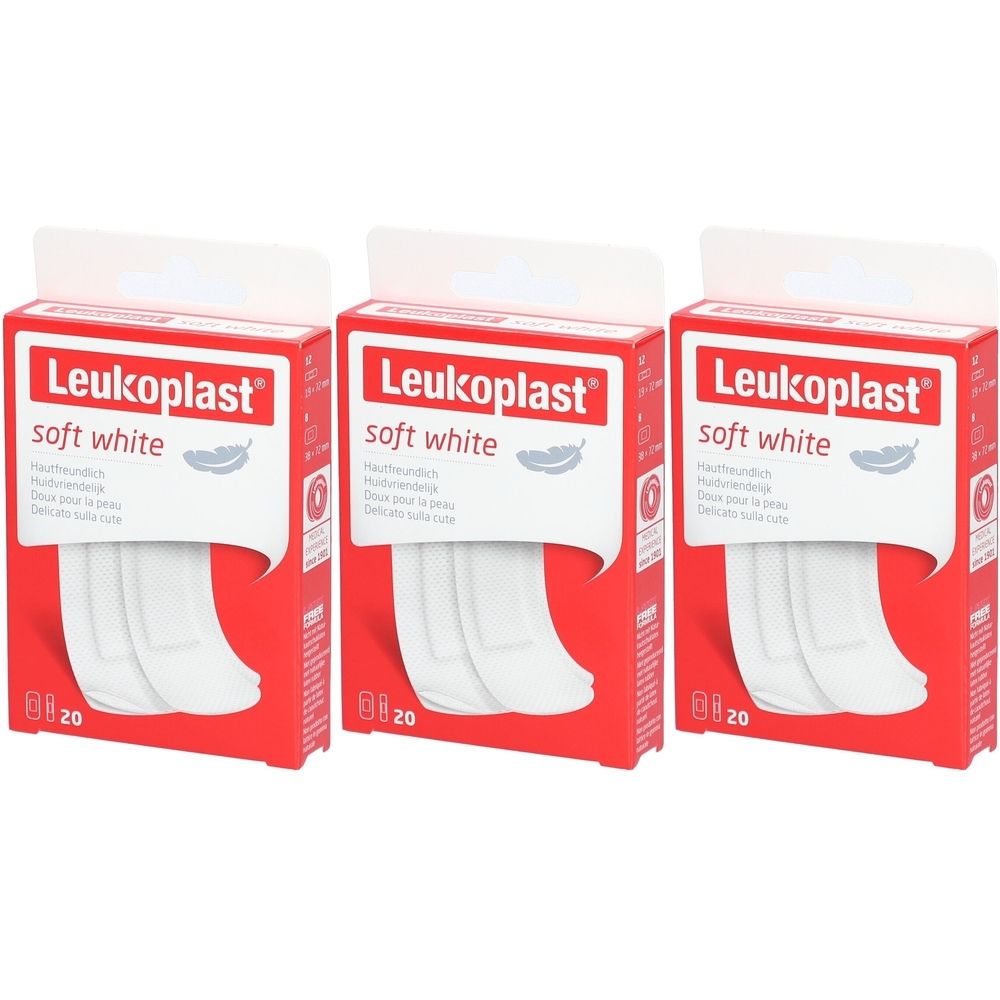 Drei Packungen Leukoplast® Soft Strips. Rote Verpackung mit weißem Produkt. Aufschrift: soft white. 20 Stück.