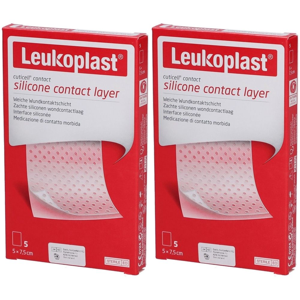 Zwei rote Verpackungen mit dem Produktnamen Leukoplast. Auf jeder Packung steht: cuticell contact, silicone contact layer. Größe: 5 x 7,5 cm.