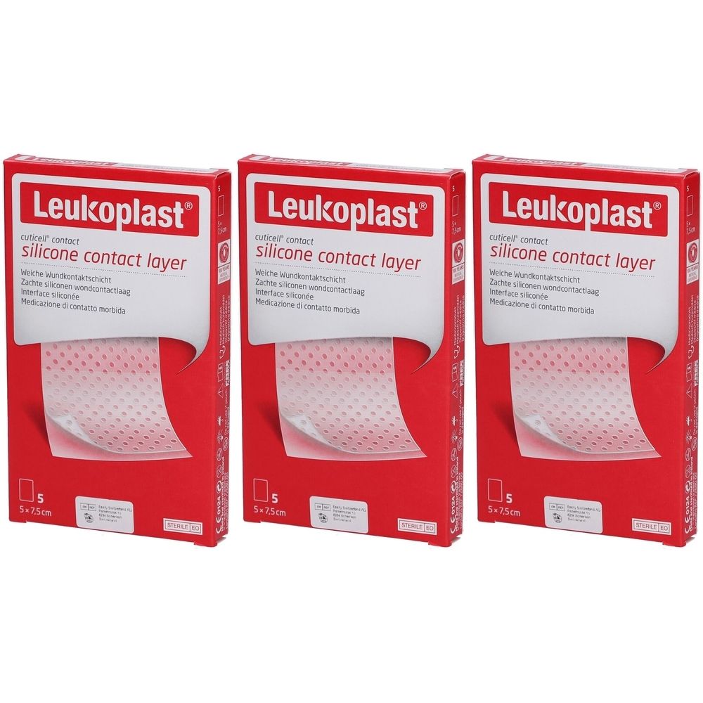 Drei Packungen Leukoplast® Cuticell® Contact. Rote Verpackung mit Produktname und Beschreibung. Sichtbar: Wundauflage, 5 x 7,5 cm.