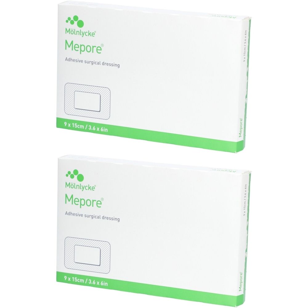 Deux emballages blancs avec un accent vert. Impression: Mepore, pansement adhésif. Taille: 15cm x 9cm.