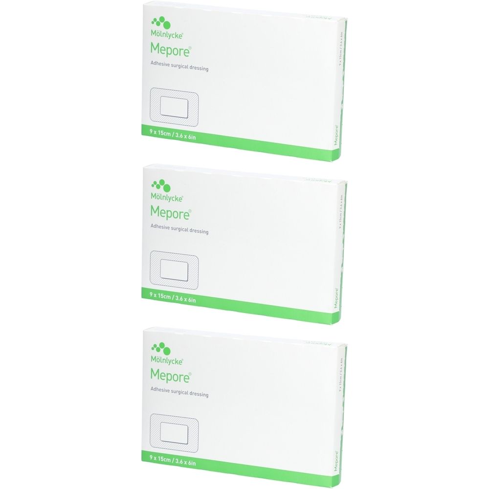 Trois boîtes blanches avec bord vert. Chaque boîte porte le nom "Mepore" et un symbole rectangulaire. Dimensions : 10 x 5 cm.