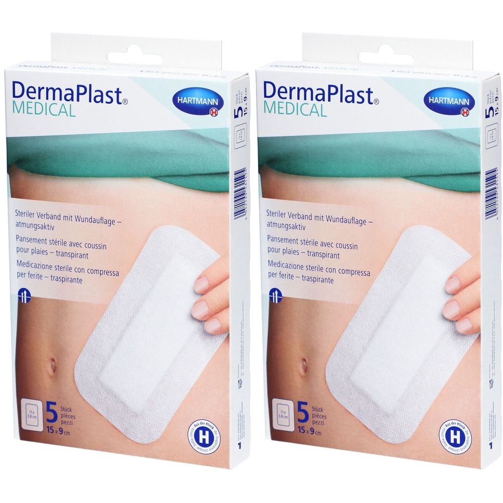 Emballage de pansements DermaPlast MEDICAL. Deux boîtes de 5 pansements sont visibles. Inscriptions: taille 15x9cm, respirant.