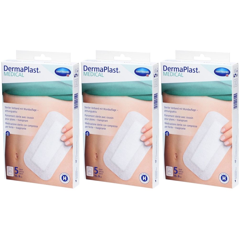Trois boîtes de pansements DermaPlast MEDICAL. Chaque boîte montre un pansement sur un ventre. 15 x 9 cm.