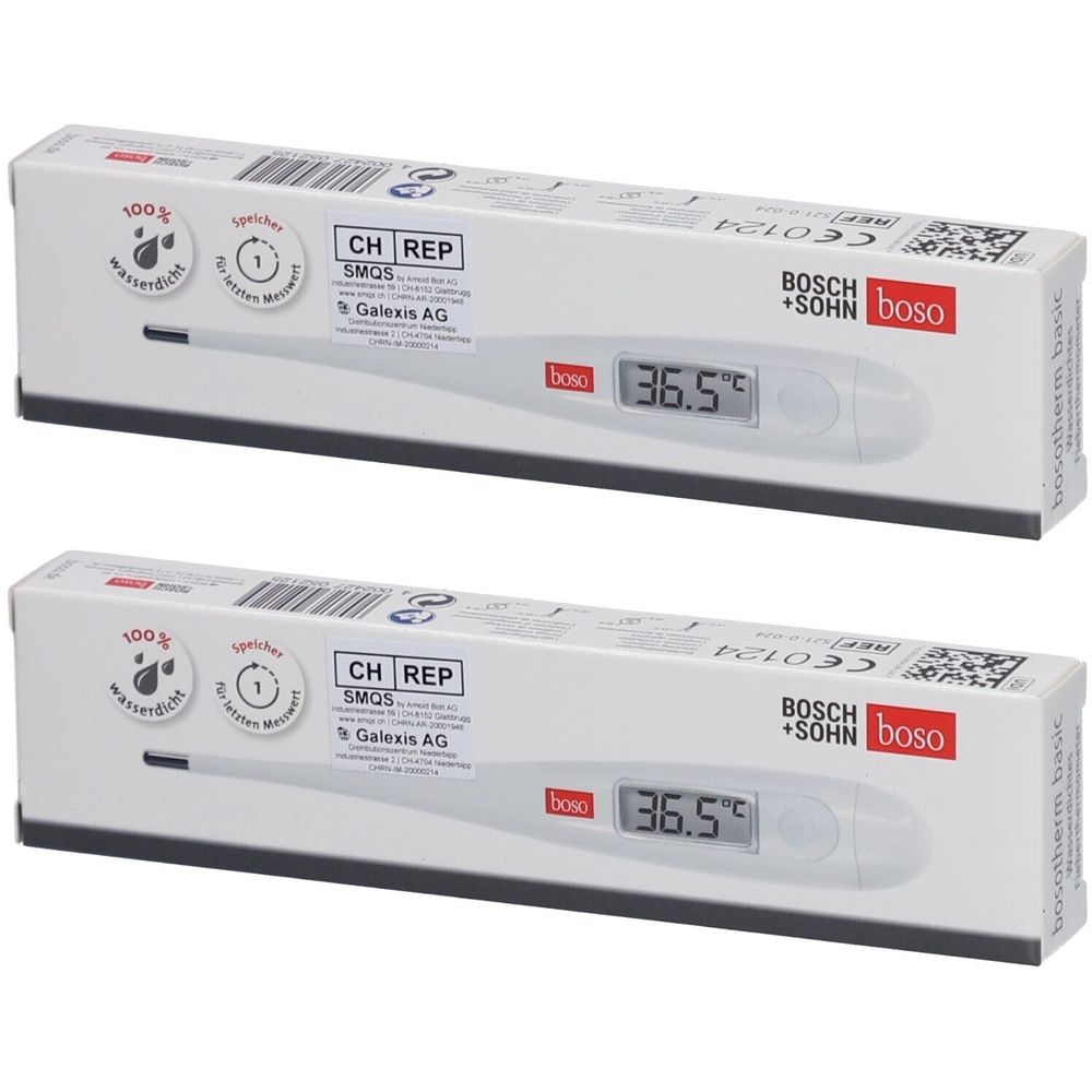 Zwei Thermometer in Verpackung. Weißes Gehäuse, digitales Display mit Temperaturanzeige. Marke: boso.