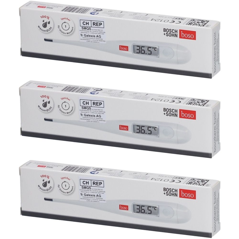 Drei Thermometer in Verpackungen. Auf den Verpackungen sind Logos und Schriftzüge zu sehen. Die Thermometer zeigen 36,5 Grad an.