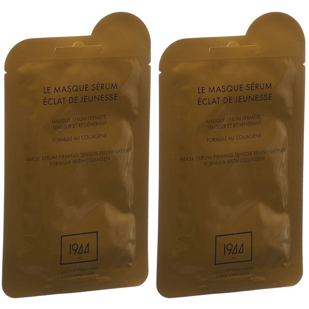 Deux sachets dorés de masque sérum. Inscription: Le Masque Sérum Éclat de Jeunesse. Marque: 1944.