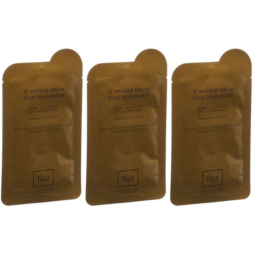 Trois sachets de masque sérum dorés. Chaque sachet porte l'inscription "LE MASQUE SERUM ECLAT DE JEUNESSE" et la marque "1944".