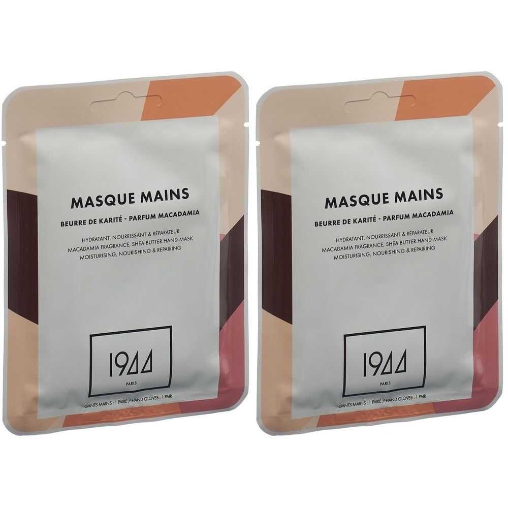 Zwei Handmasken-Verpackungen. Aufschrift: MASQUE MAINS, BEURRE DE KARITÉ - PARFUM MACADAMIA. Marke: 1944.