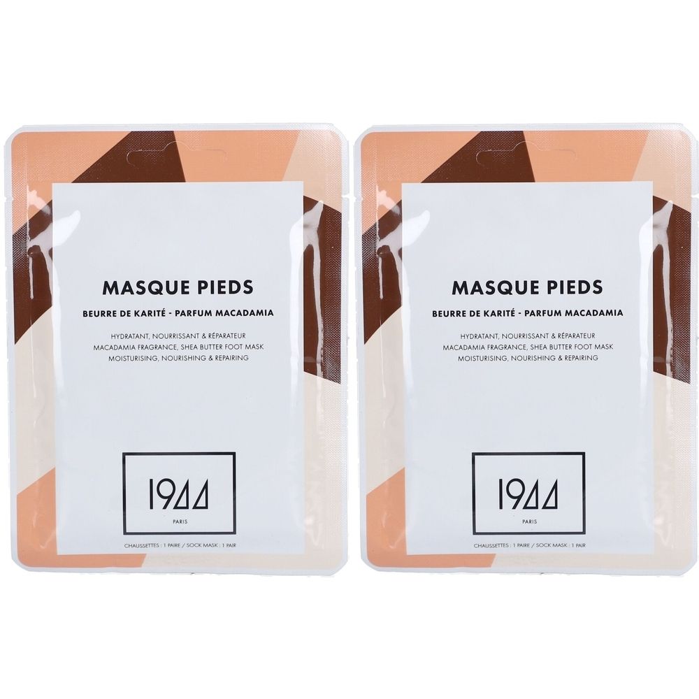 Deux emballages de masque pour les pieds. Inscription : MASQUE PIEDS, 1944. Texte : Beurre de Karité - Parfum Macadamia. Fond avec formes géométriques.
