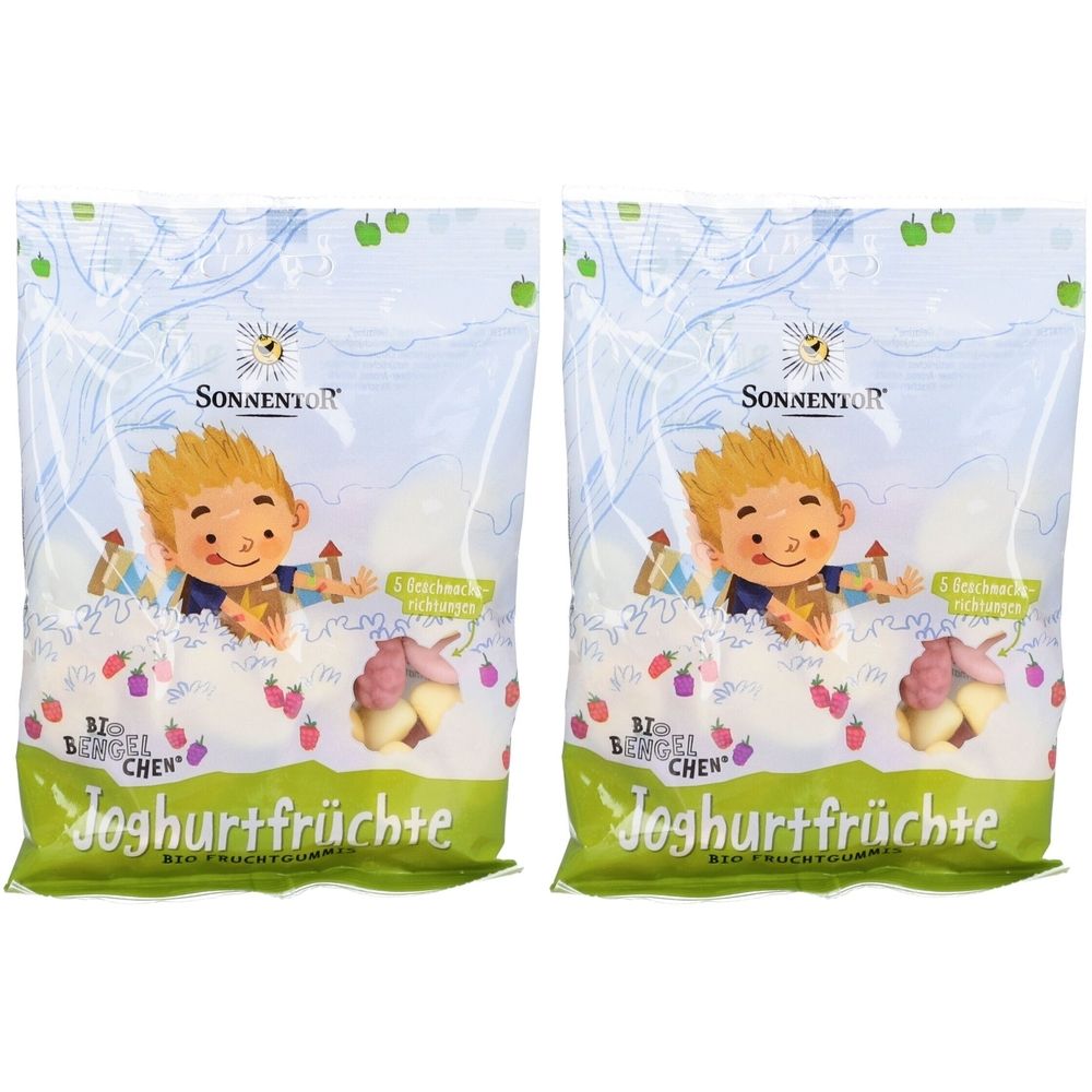 Zwei Beutel SonnentoR BIO Bengelchen Joghurtfrüchte. Verpackung mit Kind-Illustration, Produktname und Logo. Grüne und weiße Farben.